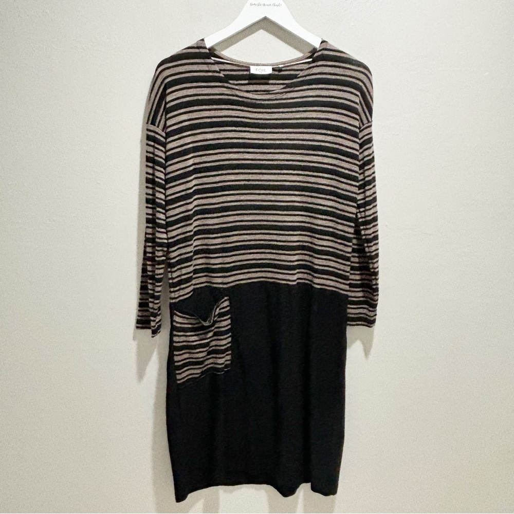 FOIL Women’s Beige Black Stripe Long Sleeve Dress Pocket 100% Merino Wool Size M